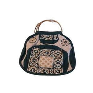 Tote Bag Purse Hand Boho Hippie Green White Woven Wooden Handled
